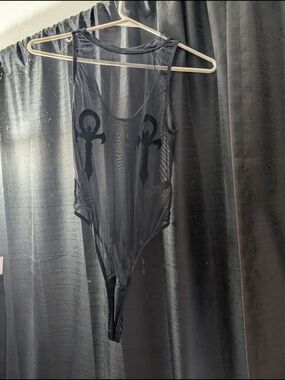 S. the Widow Sheer Black Mesh Bodysuit with Ankh Accents